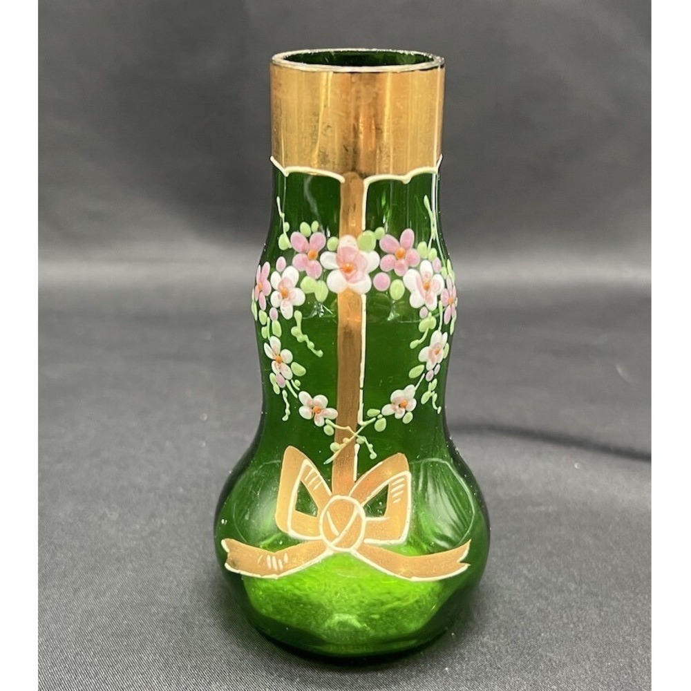 Vintage Emerald Green Glass Bud Vase Hand Painted Floral Gold Trim 4.5 Inch